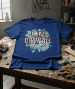 Blue t-shirt with the text "I EAT DRYWALL" in distressed silver and red font, surrounded by cracked drywall graphics