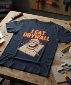 I Eat Drywall t-shirt with a graphic of teeth breaking through drywall, featuring orange text