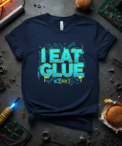 I Eat Glue T-Shirt with a blue and yellow circuit board graphic and small GLUE text