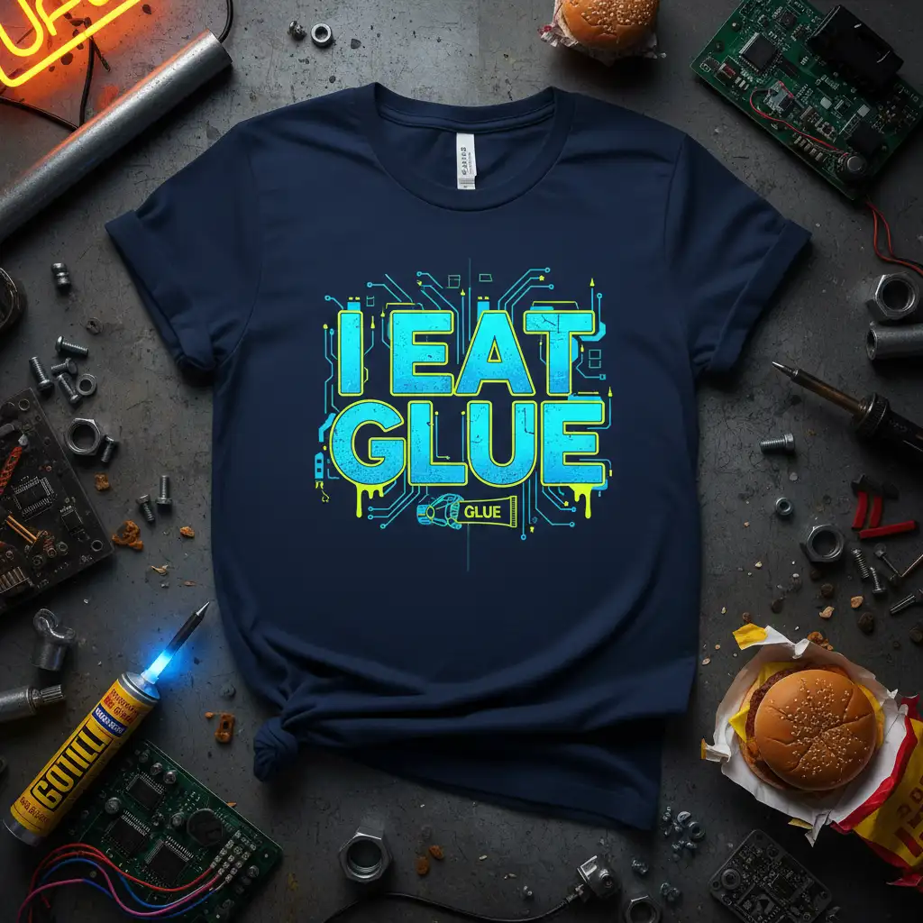 I Eat Glue quote on a navy t-shirt with a blue and yellow circuit board design and small glue tube graphic