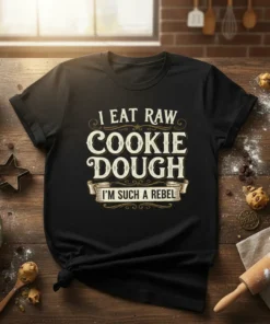 Black t-shirt with "I Eat Raw Cookie Dough I'm Such A Rebel" text in distressed vintage font, featuring decorative swirls