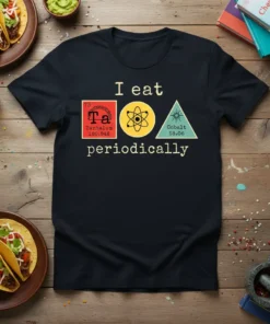 I eat Ta Cobalt periodically science humor t-shirt design featuring periodic table elements and tacos