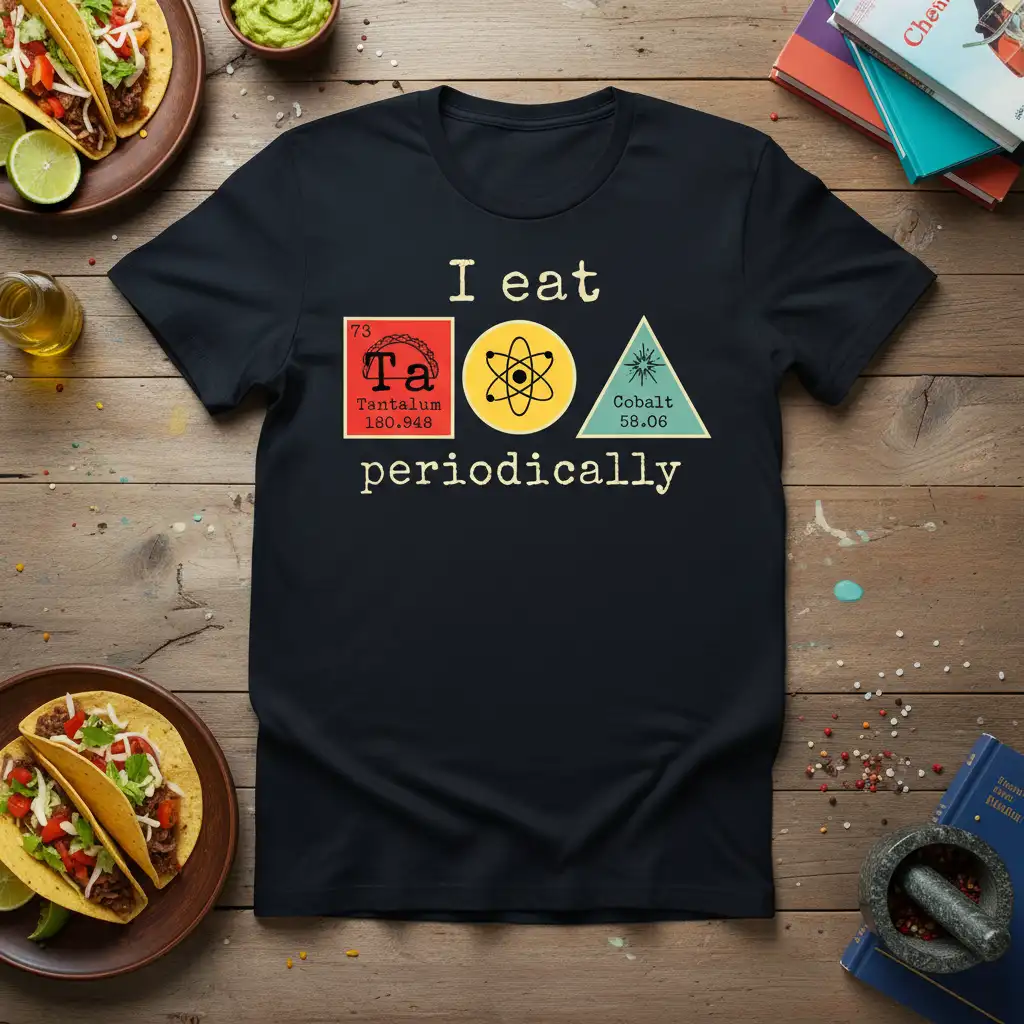 I eat Ta Cobalt periodically science humor quote with periodic table elements and taco graphic on t-shirt