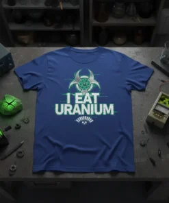 I Eat Uranium T-Shirt featuring a biohazard symbol with atomic structure and glitch text, dark blue tee