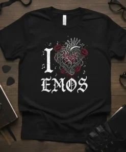 Black t-shirt with white gothic text "I EMOS" and a detailed heart with roses design, featuring musical notes