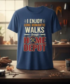 I Enjoy Long Romantic Walks Through Home Depot t-shirt with vintage style text and crossed hammer and wrench graphic