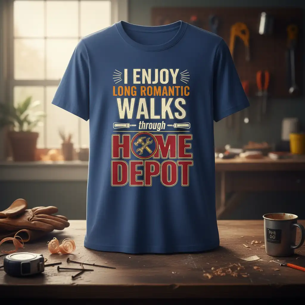 Funny I Enjoy Long Romantic Walks Through Home Depot quote on a blue t-shirt with tool graphics