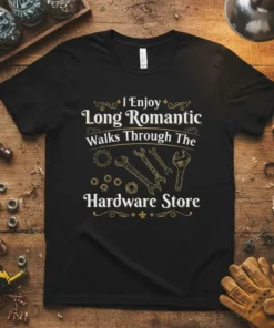 I Enjoy Long Romantic Walks Through The Hardware Store T-Shirt featuring tools and decorative elements