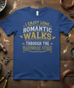 I Enjoy Long Romantic Walks Through The Hardware Store quote on a blue t-shirt