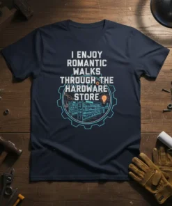 I Enjoy Romantic Walks Through The Hardware Store t-shirt design featuring text and a graphic of a hardware store aisle