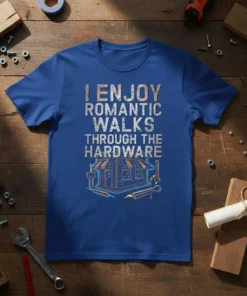 I Enjoy Romantic Walks Through The Hardware text with a graphic of a hardware store and tools on a blue