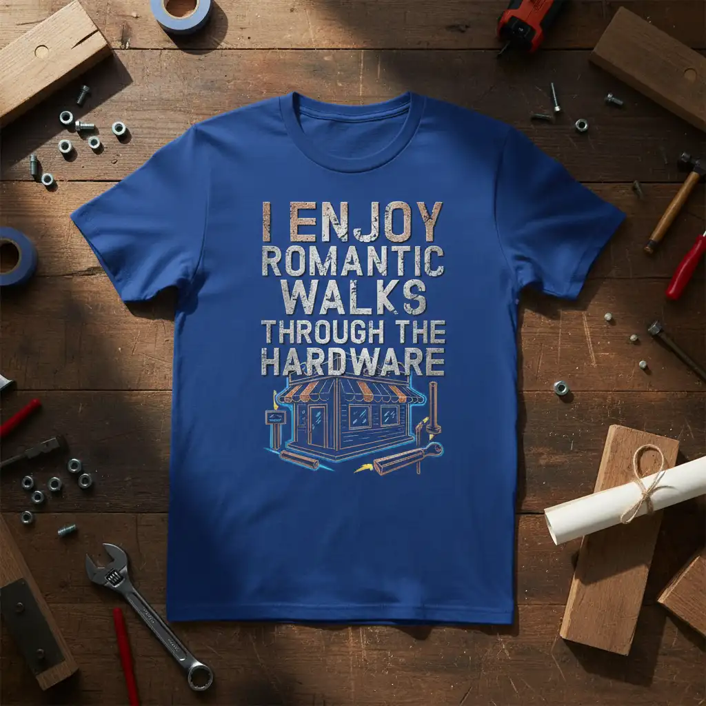 I Enjoy Romantic Walks Through The Hardware quote on a blue t-shirt with hardware store graphic