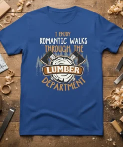 T-shirt with "I Enjoy Romantic Walks Through The Lumber Department" text, axes, and wood log graphic