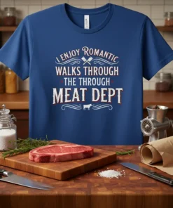 I Enjoy Romantic Walks Through the Meat Dept quote on a blue t-shirt with crossed cleavers and a cow graphic