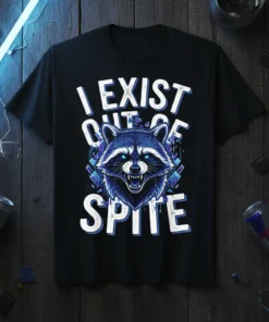 I Exist Out Of Spite t-shirt with a snarling raccoon graphic and bold white text