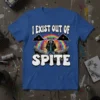 I Exist Out Of Spite T-Shirt with a punk rock raccoon design against a rainbow backdrop