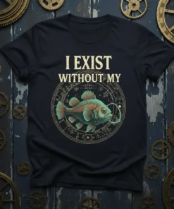 I Exist Without My Fishing t-shirt featuring a detailed angler fish graphic surrounded by astrological symbols
