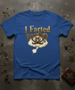 I Farted Steampunk T-Shirt with a cartoon cloud, mustache, goggles, and gears