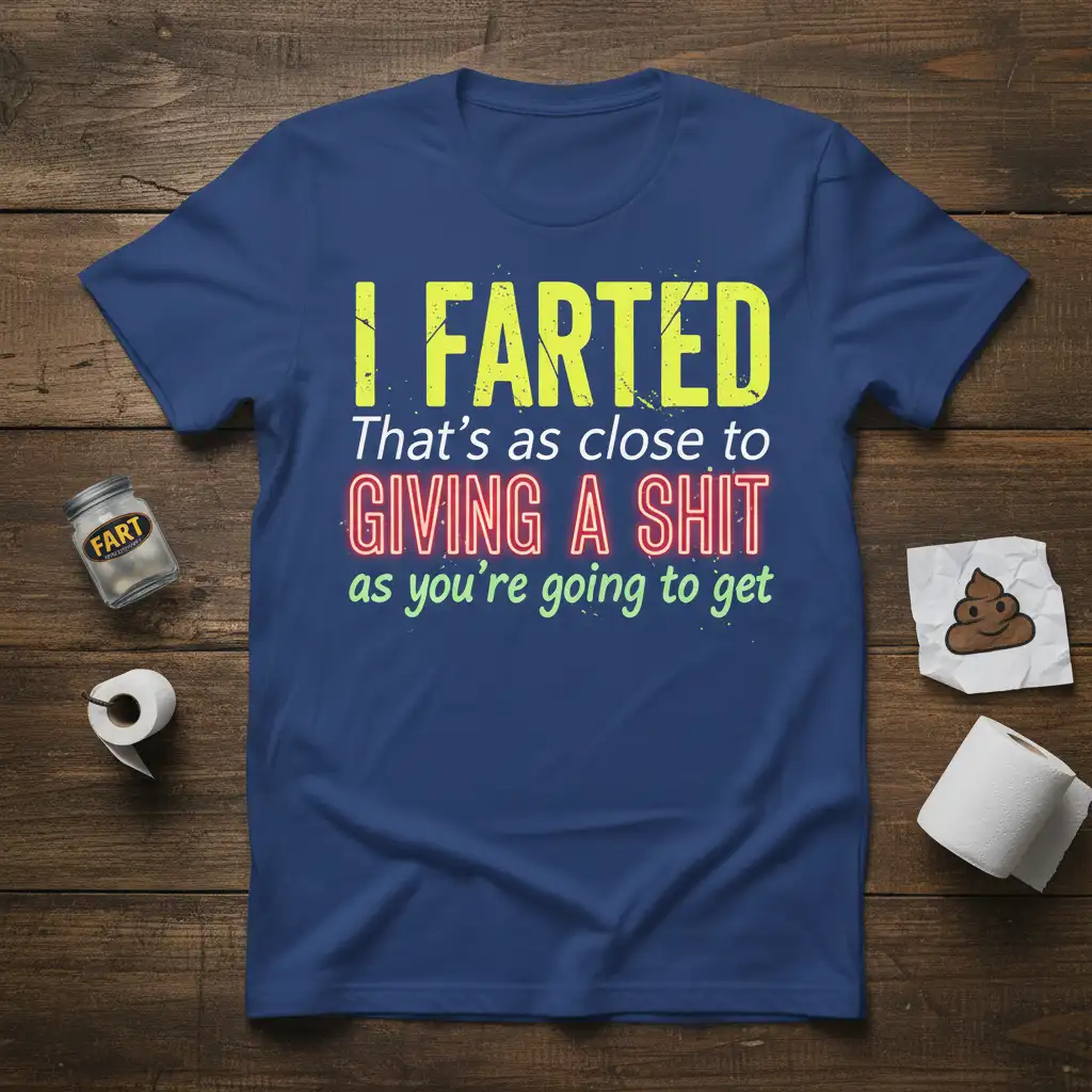 I Farted That's as Close to Giving a Shit quote on navy shirt with yellow and neon red text