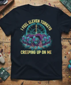 I Feel Eleven Turkeys Creeping Up On Me t-shirt with a graphic of five turkeys and a compass dial