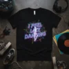 I FEEL LIKE DANCING text in neon style with a dancing silhouette on a black t-shirt