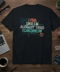 I FEEL LIKE I'M ALREADY TIRED TOMORROW quote in distressed, colorful typography on a black t-shirt, with subtle tech graphics