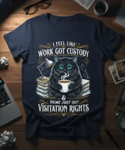 I FEEL LIKE WORK GOT CUSTODY & HOME JUST GOT VISITATION RIGHTS quote with black cat holding coffee mug on