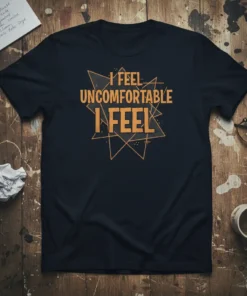 I FEEL UNCOMFORTABLE I FEEL quote on a navy t-shirt with orange geometric design