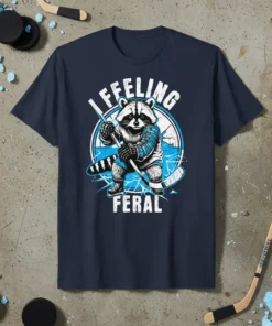 I FEELING FERAL text with a raccoon playing hockey on a blue circle background, t-shirt design