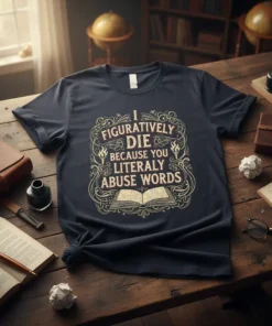 T-shirt with the quote "I Figuratively Die Because You Literally Abuse Words" in ornate lettering above an open book graphic