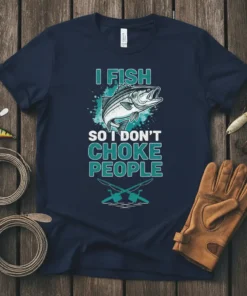 I Fish So I Don't Choke People humorous fishing quote t-shirt with a bass fish graphic and crossed fishing rods