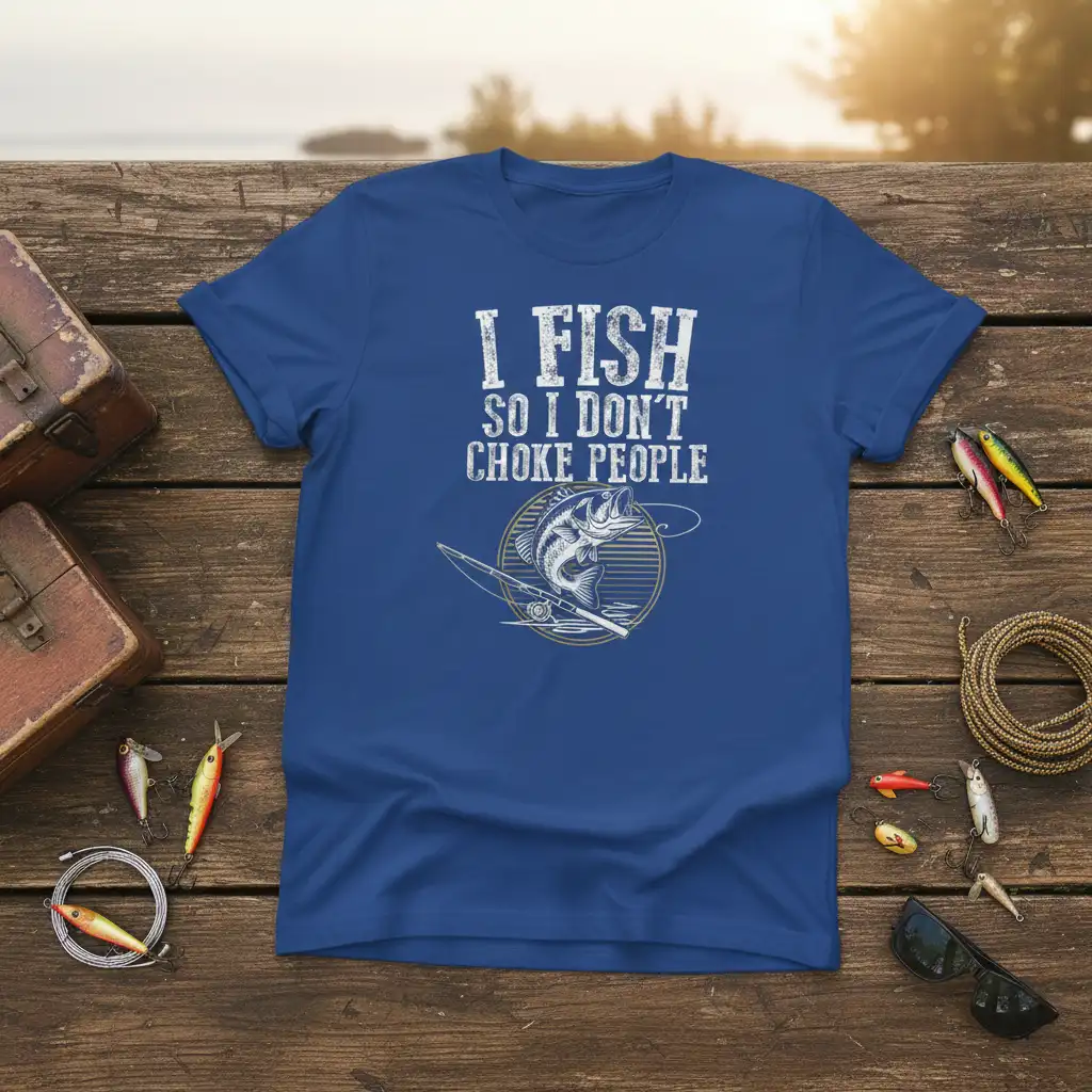 Funny fishing quote I Fish So I Don't Choke People with bass graphic on blue tee