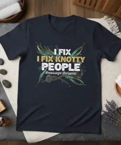 I Fix Knotty People Massage Therapist quote on a dark t-shirt with decorative knot and leaf graphics