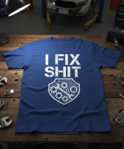 Blue t-shirt with white text "I FIX SHIT" above a shield graphic of tools and gears