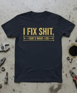 Navy blue t-shirt with gold text "I FIX SHIT. THAT'S WHAT I DO." featuring wrench graphics, designed for mechanics