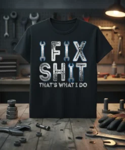 Black t-shirt with "I FIX SHIT THAT'S WHAT I DO" in bold white and silver text, accented with wrench graphics