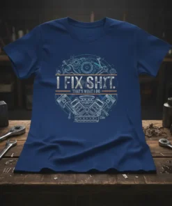Mechanic t-shirt with "I FIX SHIT. THAT'S WHAT I DO." text and engine graphic
