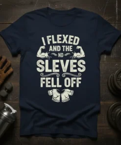 I Flexed and the Sleeves Fell Off funny gym workout t-shirt with distressed typography and muscle graphics