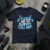 I Flexed And The Sleeves Fell Off text design with lightning graphics on a navy t-shirt, suitable for gym enthusiasts