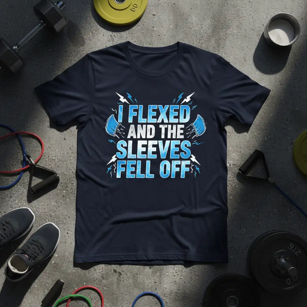I Flexed And The Sleeves Fell Off humorous gym quote with lightning graphics on a navy t-shirt