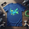 I Flip You Dachshund T-Shirt with abstract green and blue geometric shapes, featuring a dachshund raising its paw