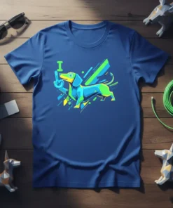 I Flip You Dachshund T-Shirt with abstract green and blue geometric shapes, featuring a dachshund raising its paw