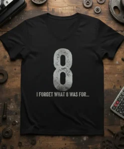 Black t-shirt with large distressed number 8 and the text "I FORGET WHAT 8 WAS FOR..." below it