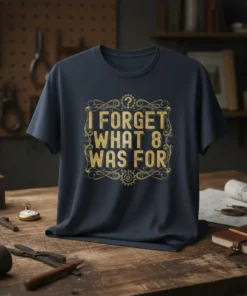 I Forget What 8 Was For quote in distressed gold font on a navy blue t-shirt. Includes question mark and