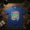I FORGET WHAT EIGHT WAS FOR quote in colorful, playful typography on a blue t-shirt