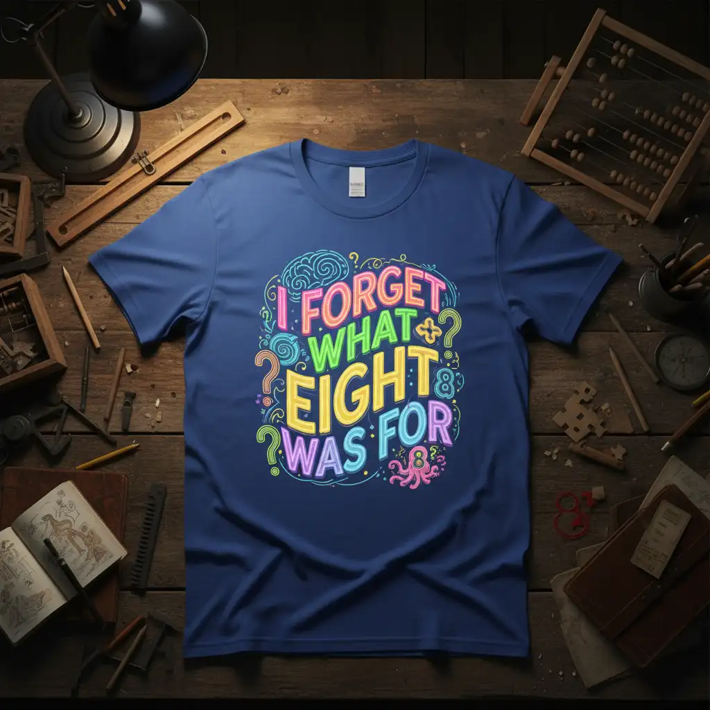 I FORGET WHAT EIGHT WAS FOR quote in colorful, wavy lettering with question marks and abstract shapes