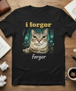 I forgor forgor cat meme t-shirt with a tabby cat in a magical forest, featuring yellow and white text