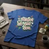 Blue t-shirt with the text "I forgot ab dat doe." in a bubbly, retro font with orange and green lightning
