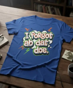 Blue t-shirt with the text "I forgot ab dat doe." in a bubbly, retro font with orange and green lightning