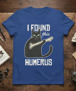 Black cat holding a bone with text "I FOUND this HUMERUS" on a blue t-shirt